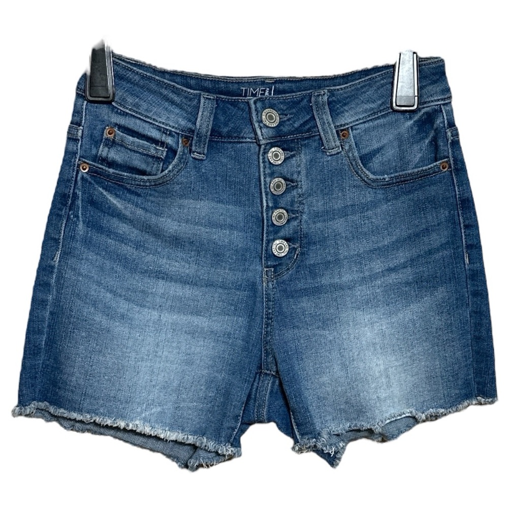 TIME AND TRU Hi-Rise Button Fly Blue Jean Shorts w/Frayed Hem, Size 2